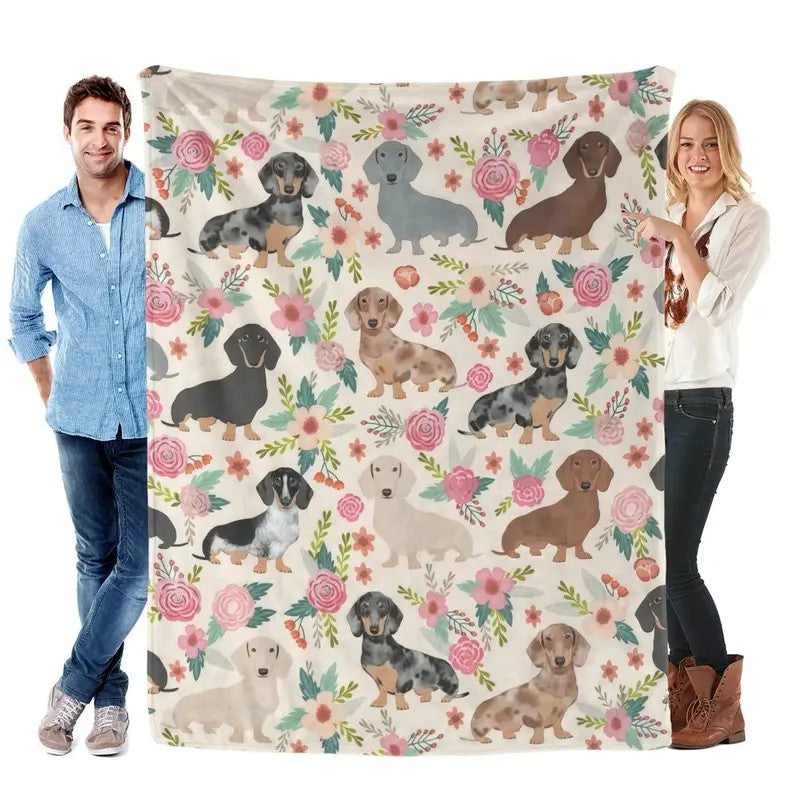 Dachshund Dog Floral Flannel Blanket