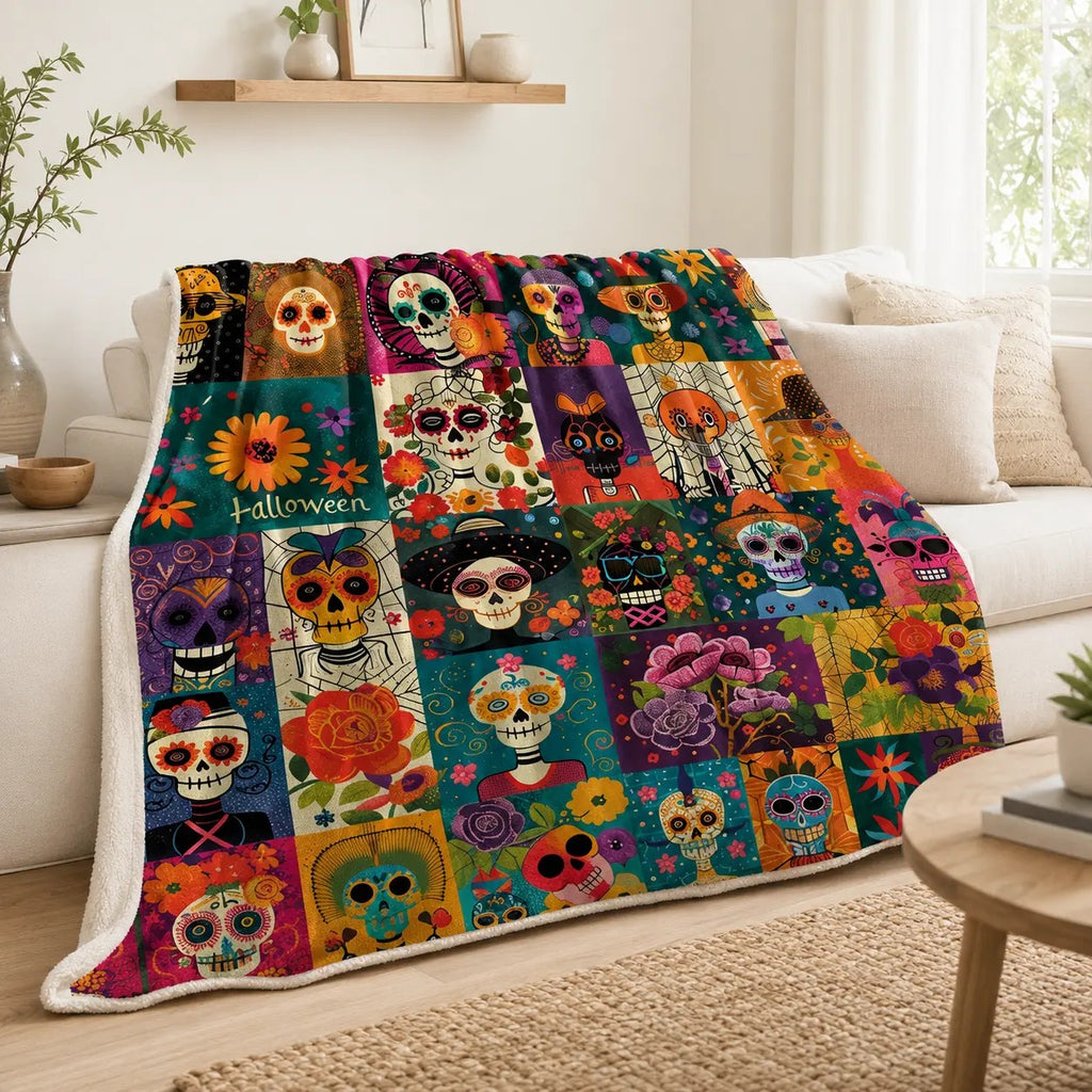 Day of the Dead Sugar Skull and Floral Blanket