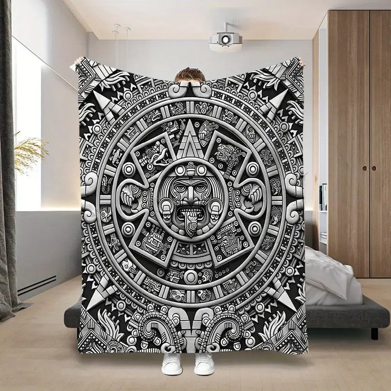 Aztec Sun Stone Blanket Ancient Tribal Calendar Relief Graphic Flannel Throw Blanket
