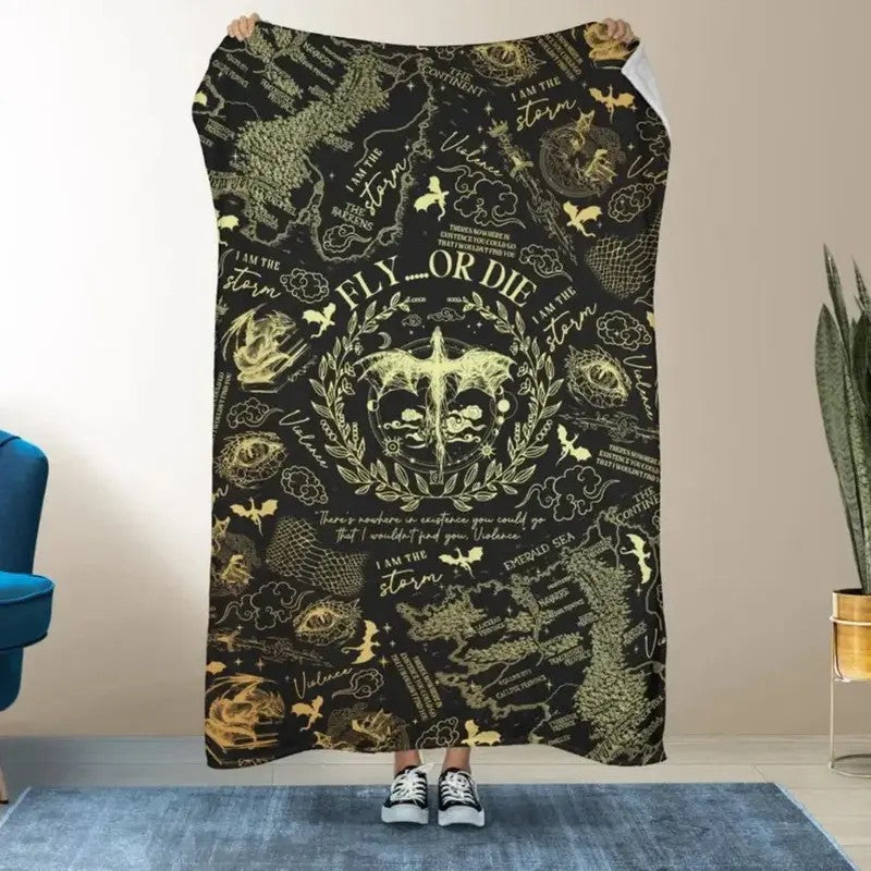 Dark Fantasy Dragon Emblem Ancient Manuscript Graphic Flannel Blanket