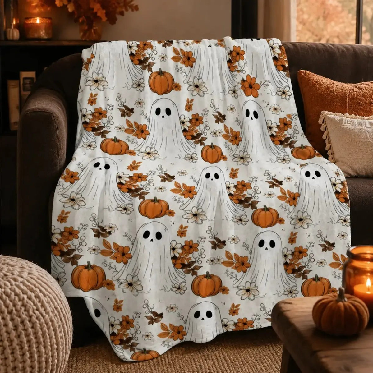 Cute Fall Ghost Pumpkin Floral Autumn Halloween Flannel Throw Blanket