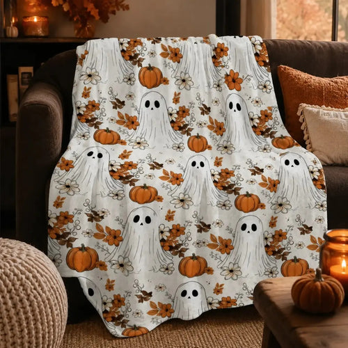 Cute Fall Ghost Pumpkin Floral Autumn Halloween Flannel Throw Blanket