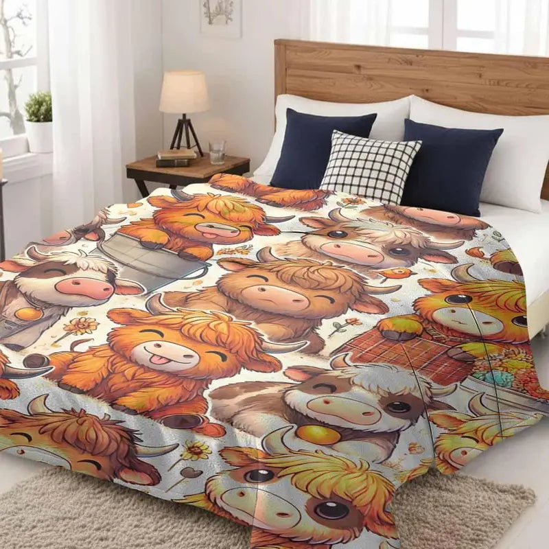 Cute Highland Cow Print Adorable Baby Cows Cozy Farmhouse Decor Flannel Blanket