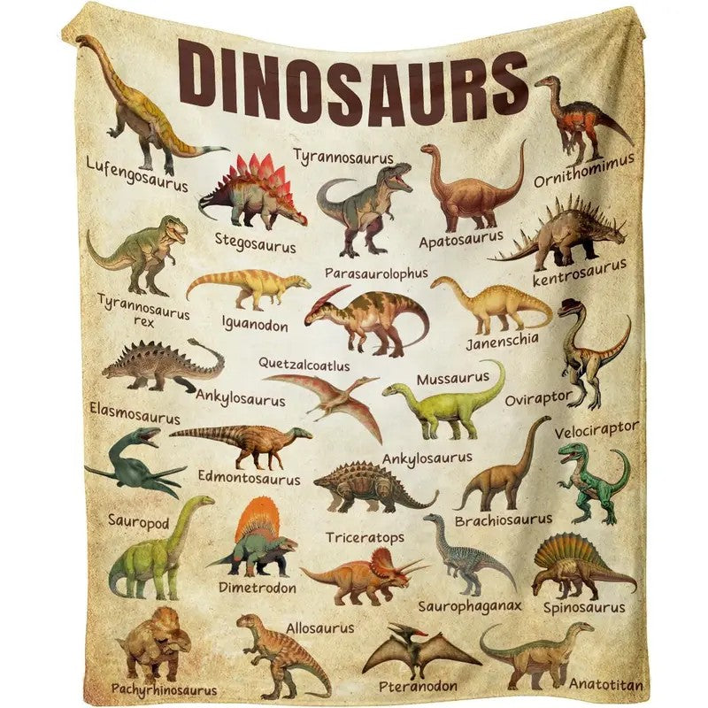Dinosaur Lovers Gift Vintage Prehistoric Dinosaur Species Chart With Names Colorful Illustration Print Soft Cozy Flannel Throw Blanket