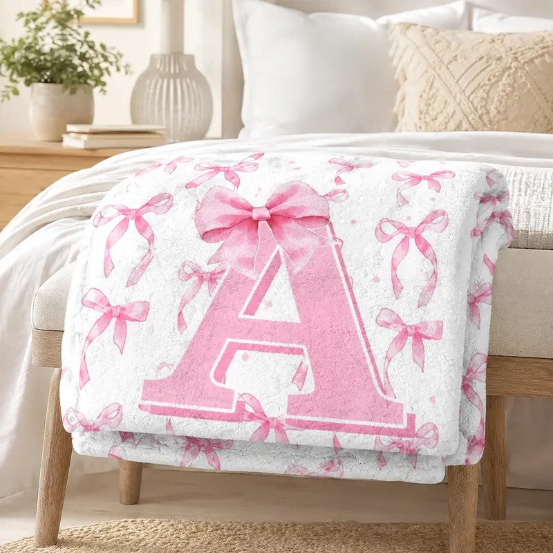 A-Z Personalized Initial Flannel Pink Bow Monogram Blanket
