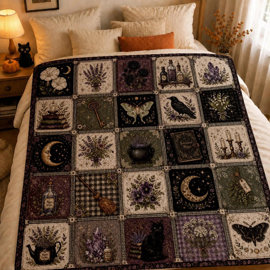Gothic Witch Patchwork Blanket Lavender Botanical Raven Moon Graphic Throw Blanket