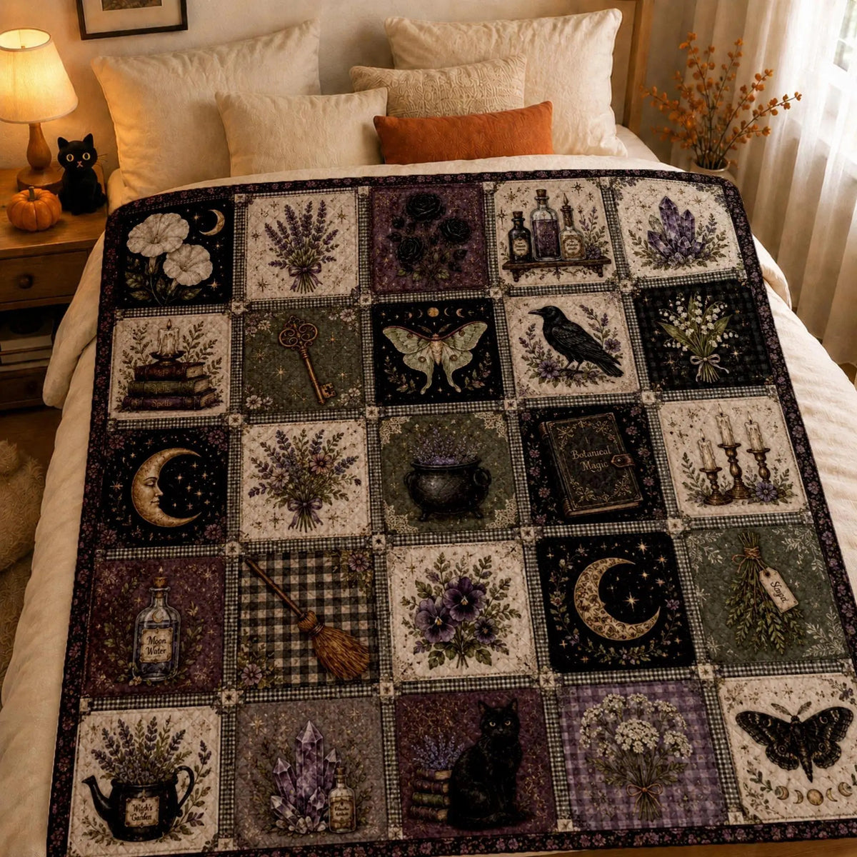 Gothic Witch Patchwork Blanket Lavender Botanical Raven Moon Graphic Throw Blanket