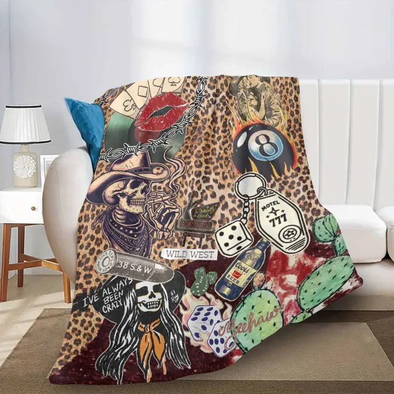 Vintage Western Cowgirl Skull Leopard Print Collage Flannel Blanket