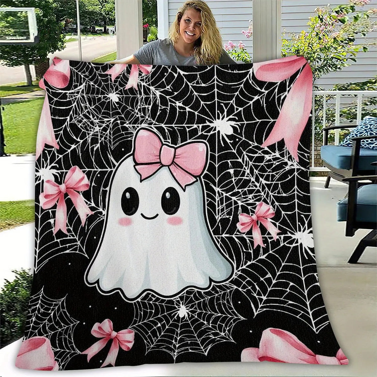 Halloween Ghost Pink Bow Spider Web Theme Flannel Blanket