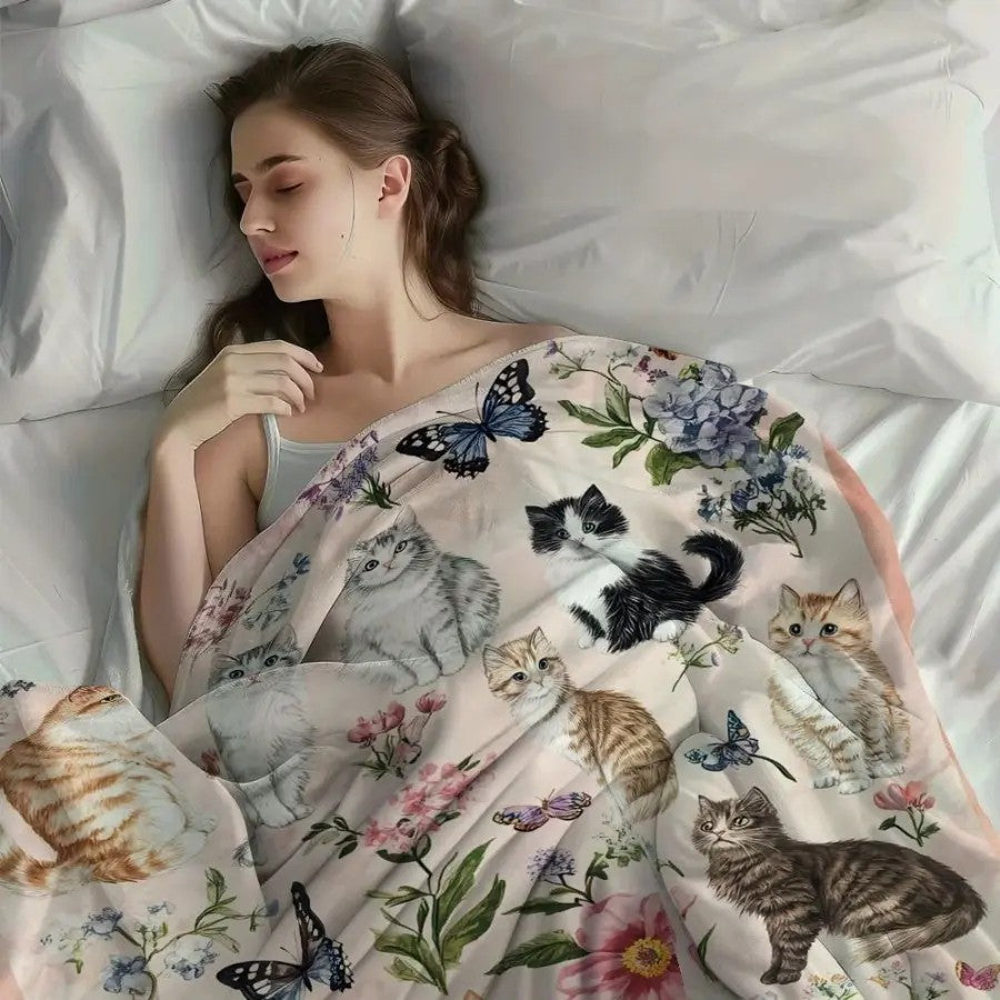 Cute Cat Flower Butterfly Blanket