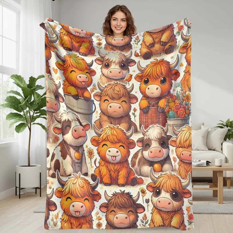 Cute Highland Cow Print Adorable Baby Cows Cozy Farmhouse Decor Flannel Blanket