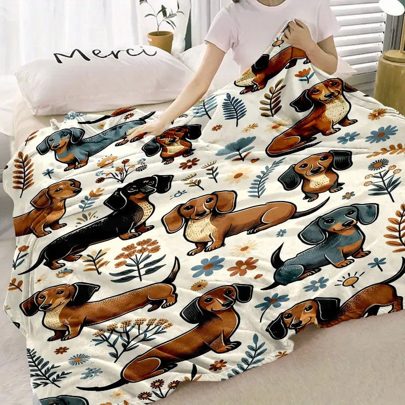 Super Soft Cute Dachshund Print 3D Flannel Throw Blanket