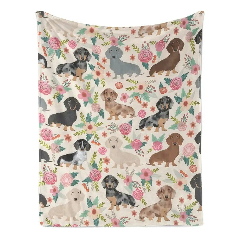 Dachshund Dog Floral Flannel Blanket