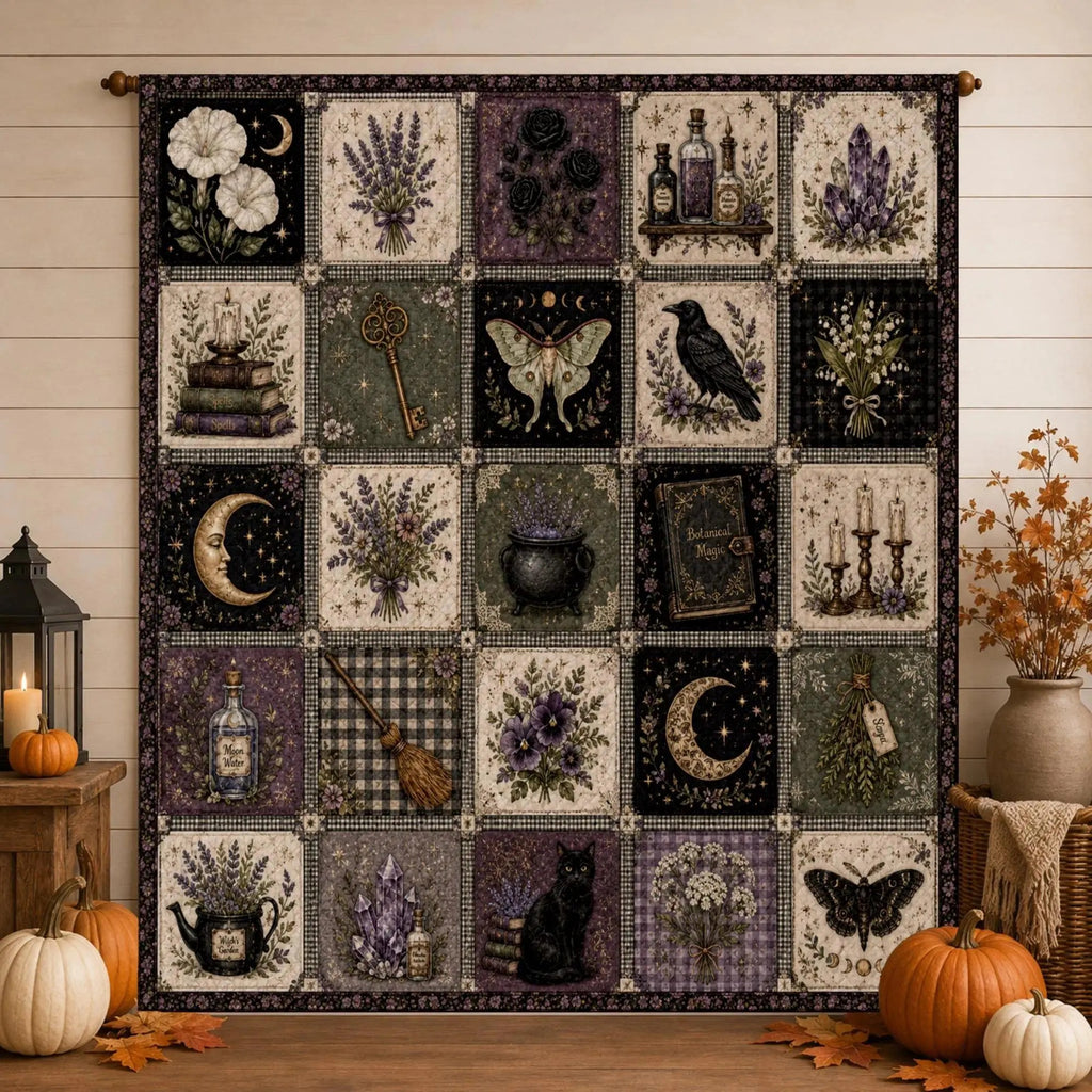 Gothic Witch Patchwork Blanket Lavender Botanical Raven Moon Graphic Throw Blanket