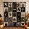 Gothic Witch Patchwork Blanket Lavender Botanical Raven Moon Graphic Throw Blanket
