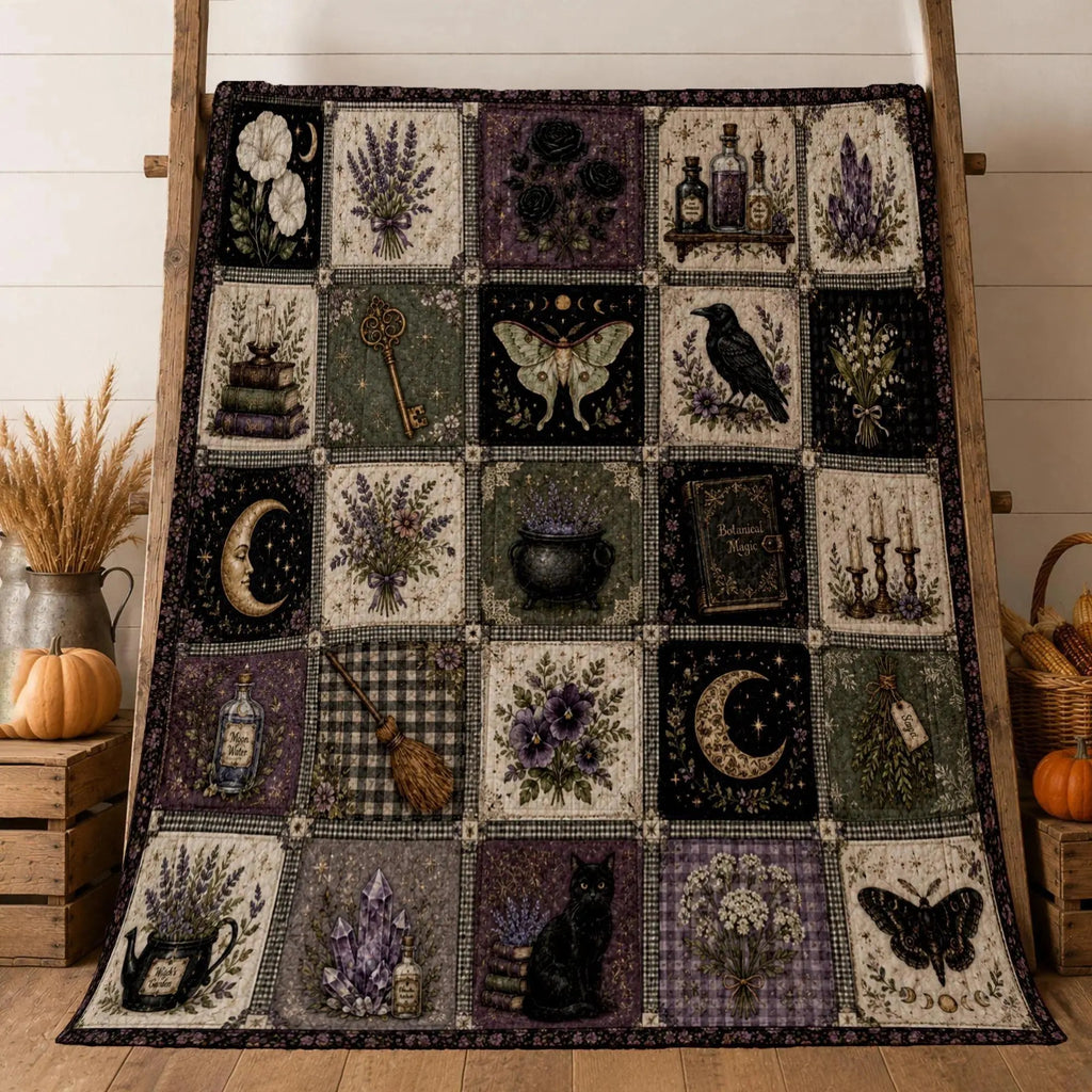 Gothic Witch Patchwork Blanket Lavender Botanical Raven Moon Graphic Throw Blanket