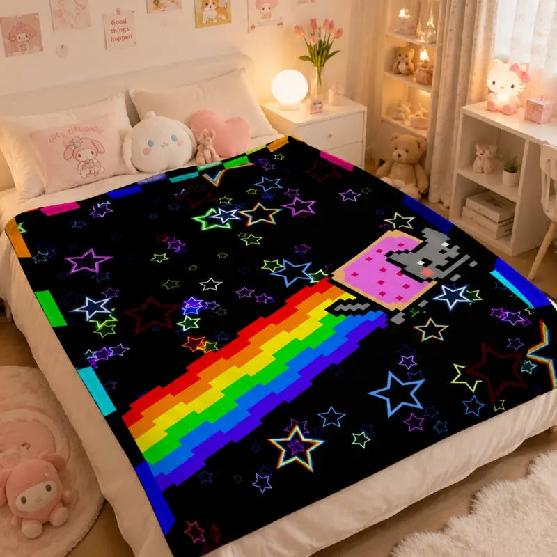 Rainbow Star Nyan Cat Pixel Flannel Blanket
