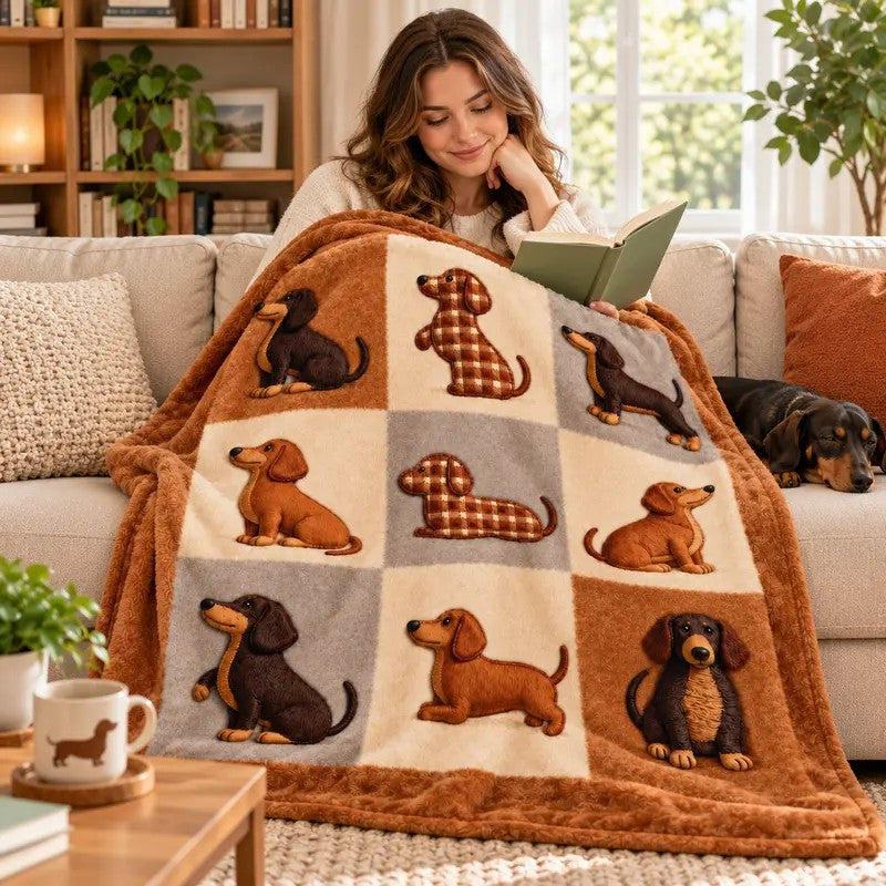 Dachshund Cute Brown Puppy Patchwork Throw Fleece Blanket