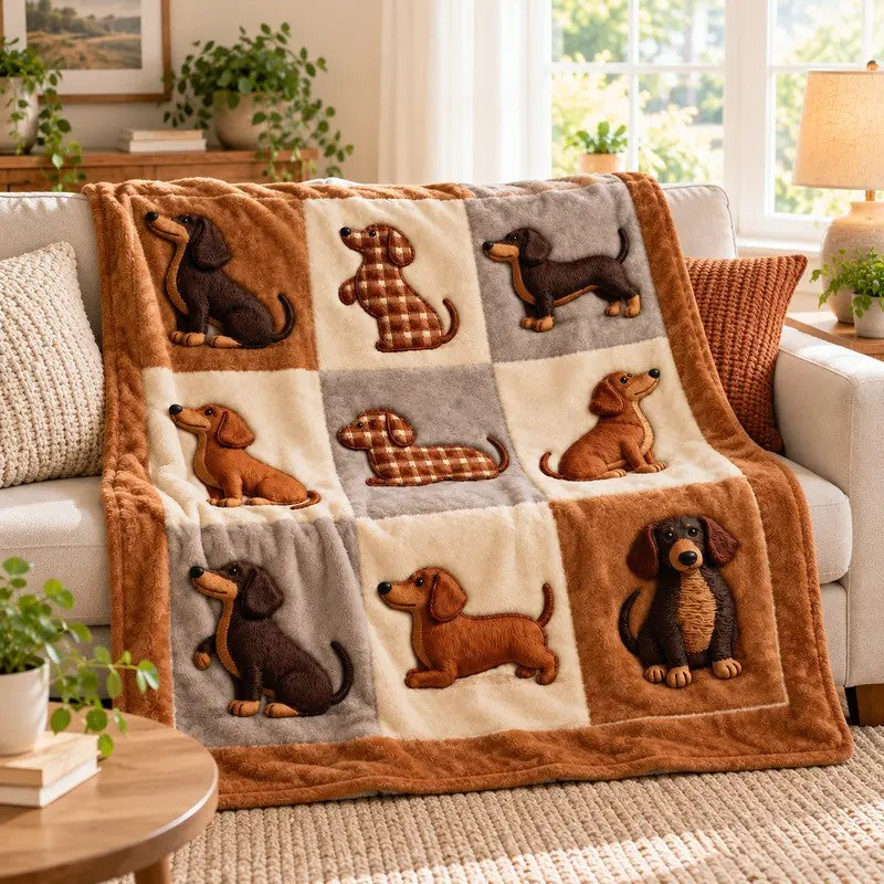 Dachshund Cute Brown Puppy Patchwork Throw Fleece Blanket