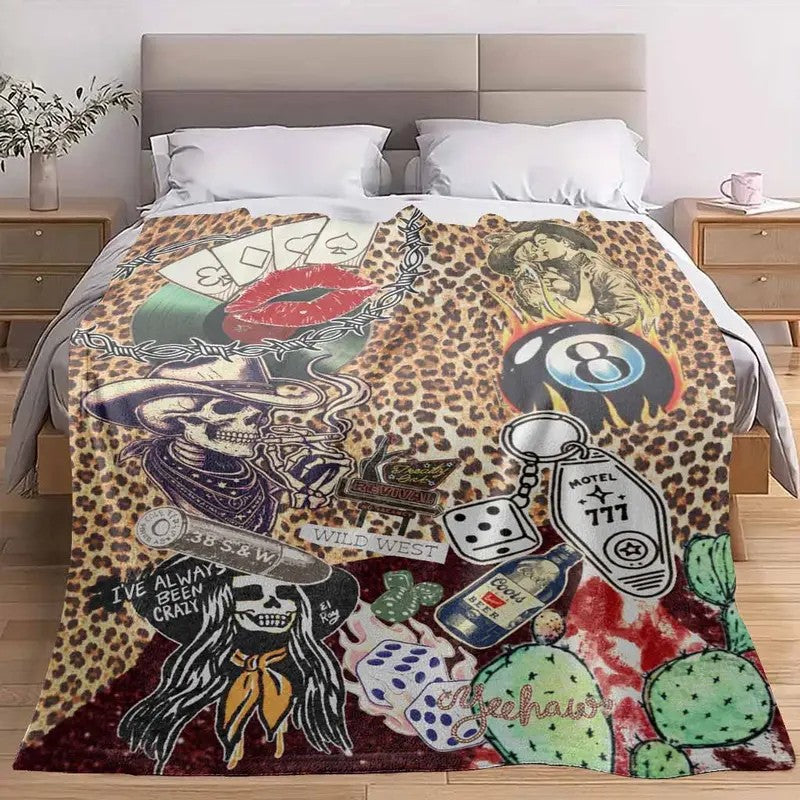 Vintage Western Cowgirl Skull Leopard Print Collage Flannel Blanket