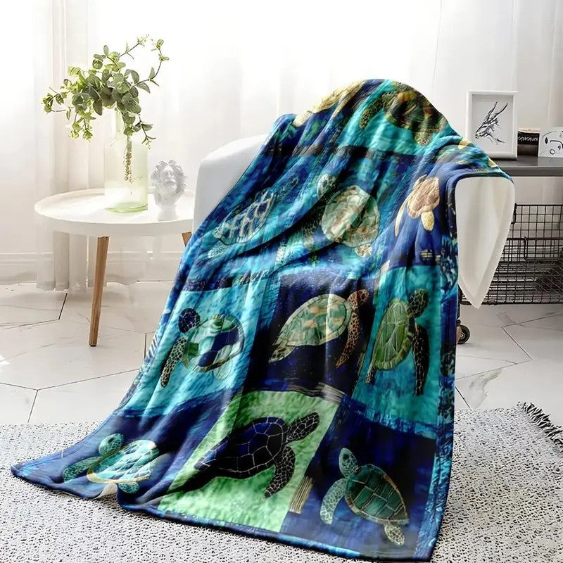 Ocean Sea Turtle Blanket Coastal Patchwork Soft Flannel Throw Blanket