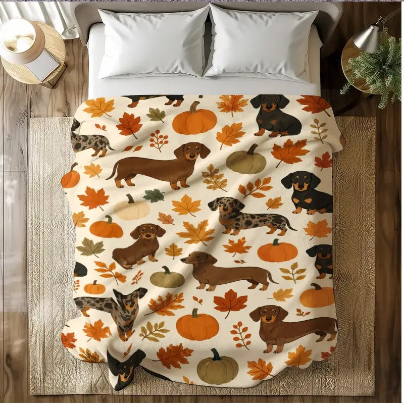 Dachshund Pumpkin Fall Leaves Flannel Blanket