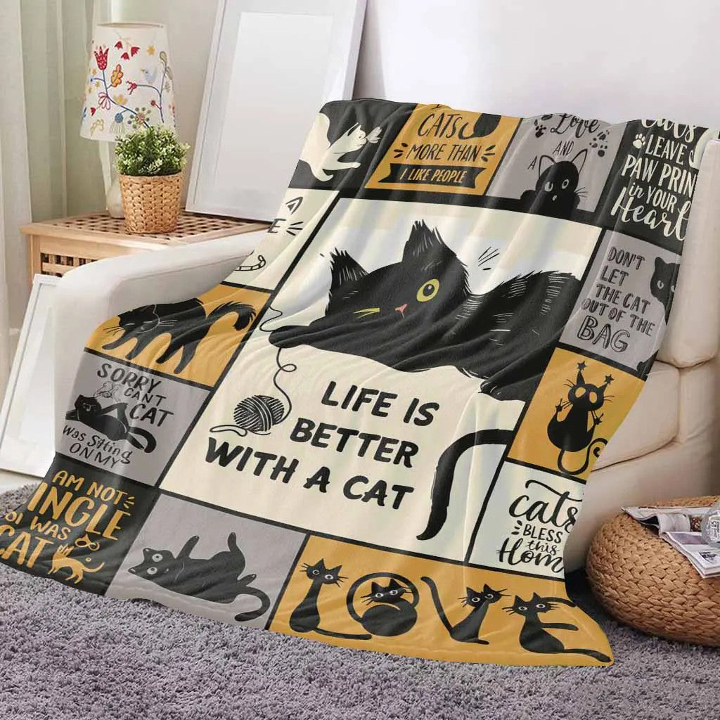 Whimsical Cartoon Paw Print Kitty Design Flannel Blanket