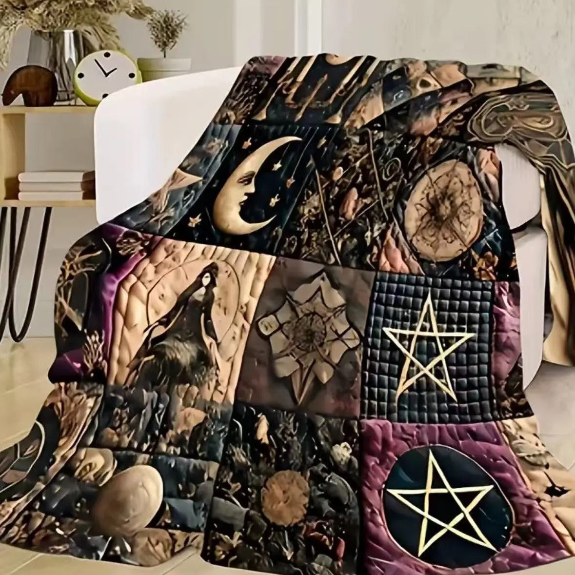Classic Vintage Gothic Witch Quilted Flannel Throw Blanket