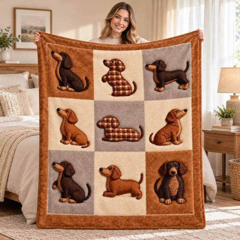 Dachshund Cute Brown Puppy Patchwork Throw Fleece Blanket