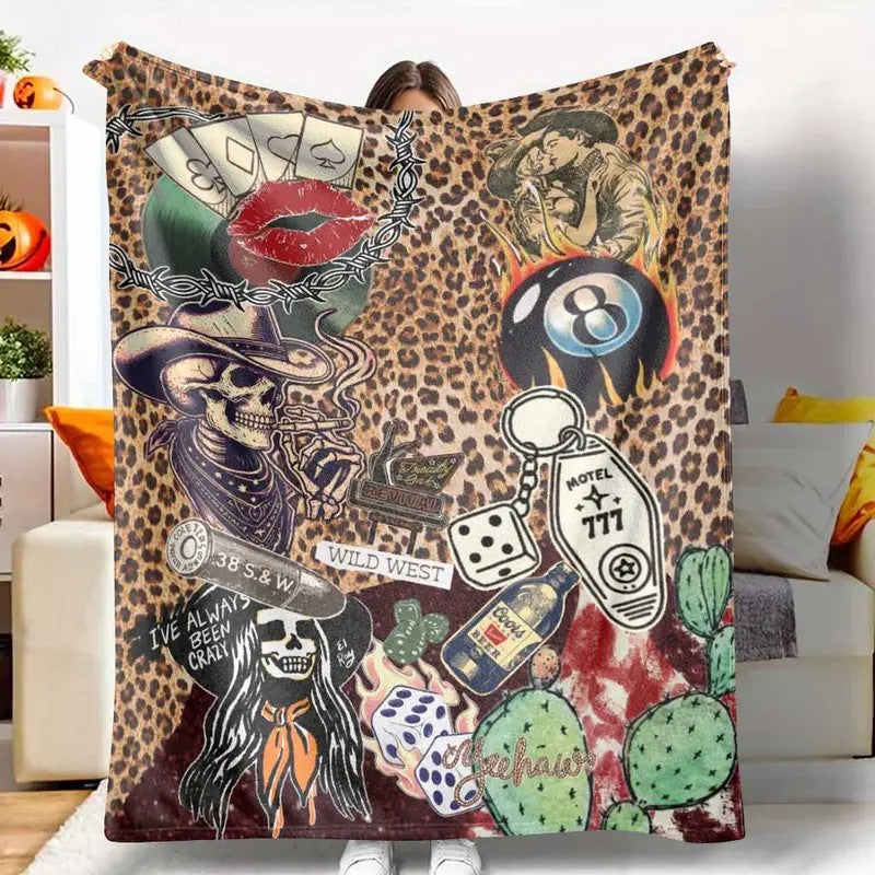 Vintage Western Cowgirl Skull Leopard Print Collage Flannel Blanket