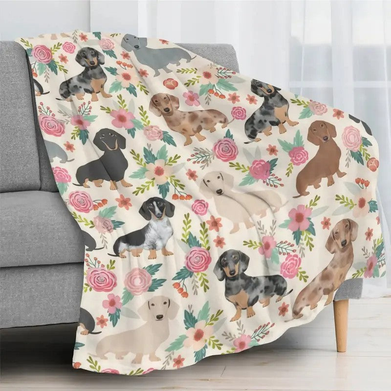 Dachshund Dog Floral Flannel Blanket