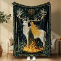 Mystical White Stag Blanket Fantasy Forest Goddess Celestial Flame Graphic Throw Blanket
