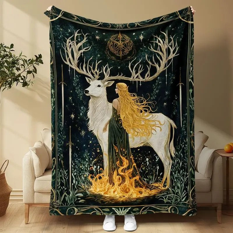 Mystical White Stag Blanket Fantasy Forest Goddess Celestial Flame Graphic Throw Blanket