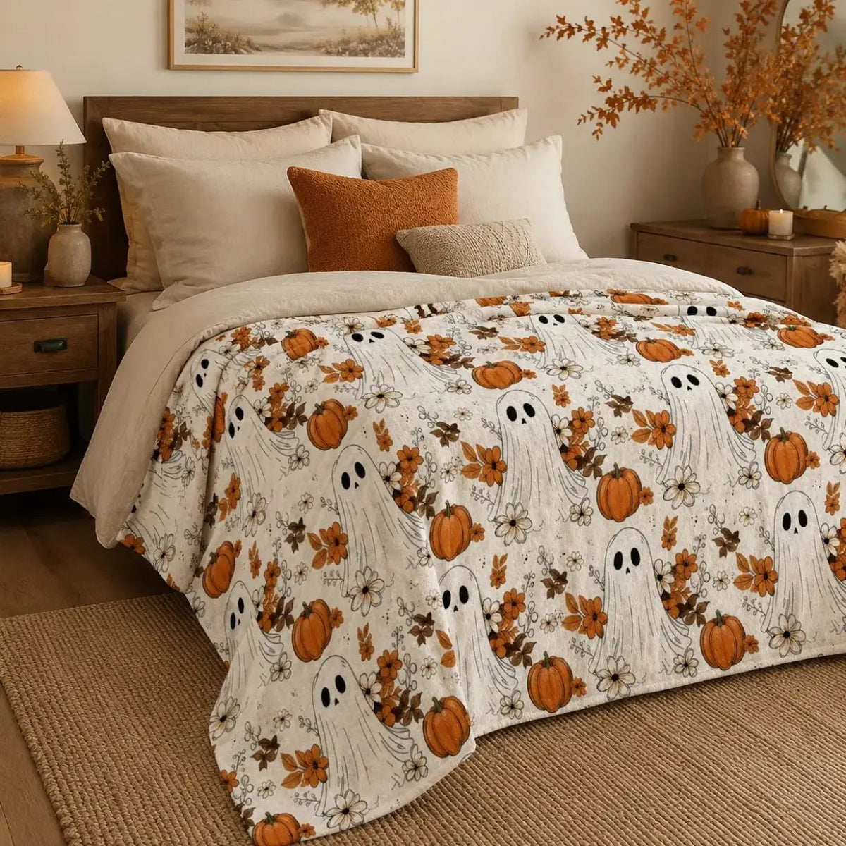 Cute Fall Ghost Pumpkin Floral Autumn Halloween Flannel Throw Blanket