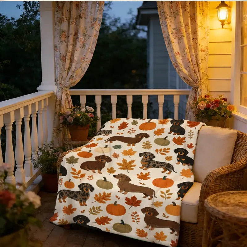 Dachshund Pumpkin Fall Leaves Flannel Blanket