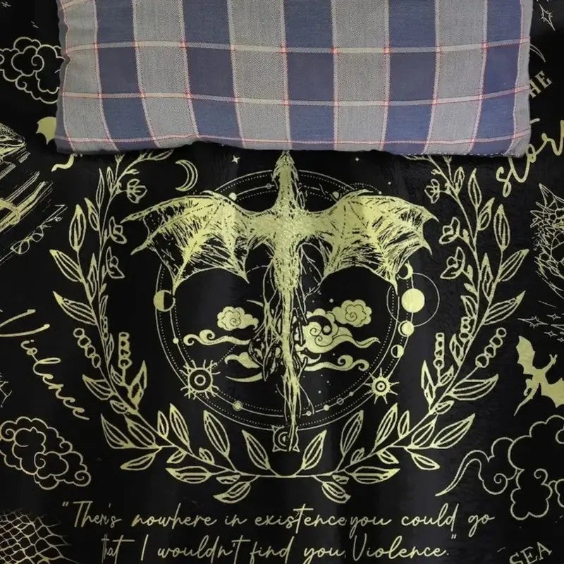Dark Fantasy Dragon Emblem Ancient Manuscript Graphic Flannel Blanket