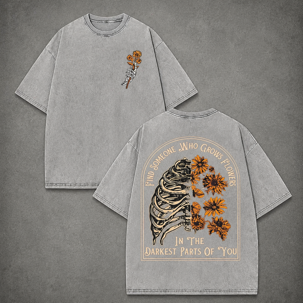 Vintage Acid Find Someone Who Grows Flowers Rib Sunflowers Graphic Top - Heavyweight Cotton DTG Printed Oversized T-Shirt & Tank Top