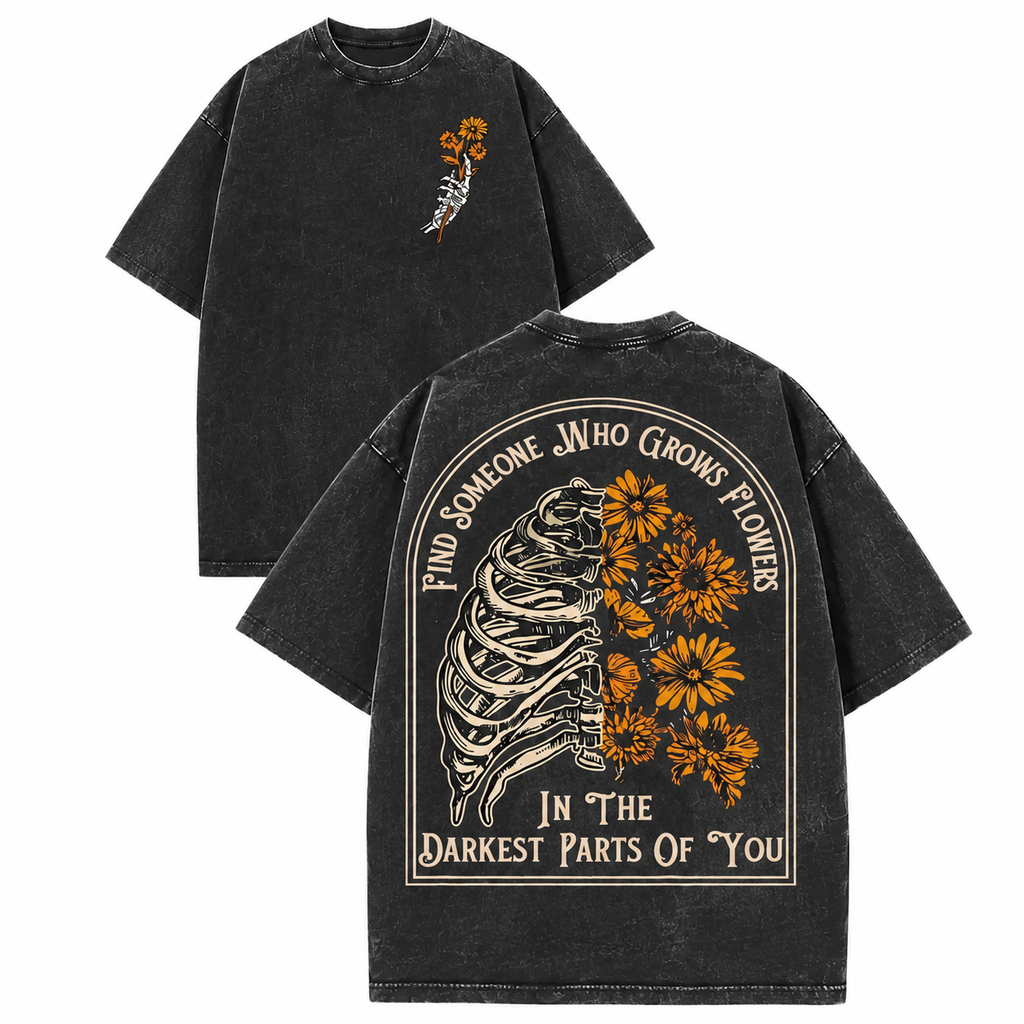 Vintage Acid Find Someone Who Grows Flowers Rib Sunflowers Graphic Top - Heavy Cotton DTG Printed T-Shirt & Tank Top