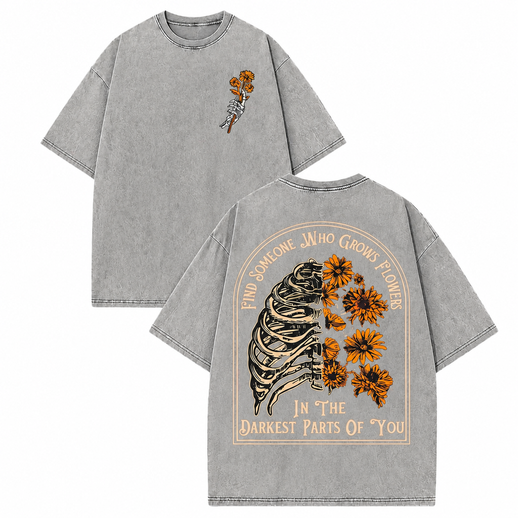 Vintage Acid Find Someone Who Grows Flowers Rib Sunflowers Graphic Top - Heavy Cotton DTG Printed T-Shirt & Tank Top