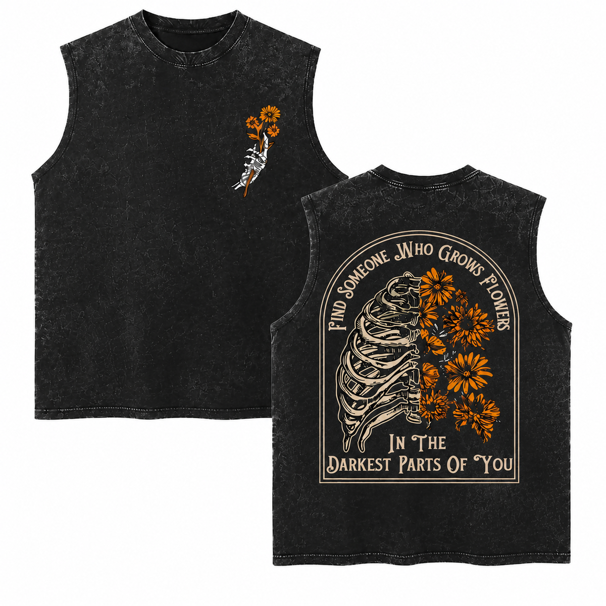 Vintage Acid Find Someone Who Grows Flowers Rib Sunflowers Graphic Top - Heavy Cotton DTG Printed T-Shirt & Tank Top