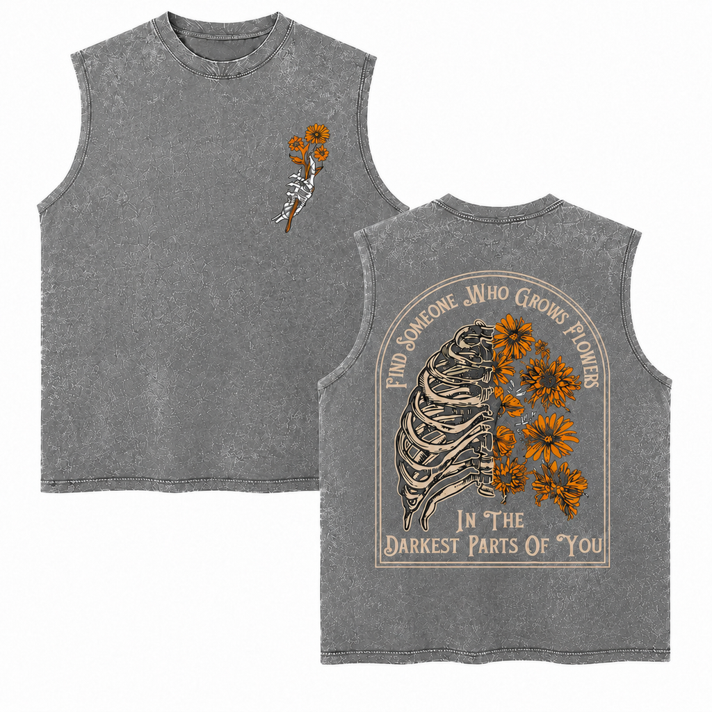 Vintage Acid Find Someone Who Grows Flowers Rib Sunflowers Graphic Top - Heavy Cotton DTG Printed T-Shirt & Tank Top