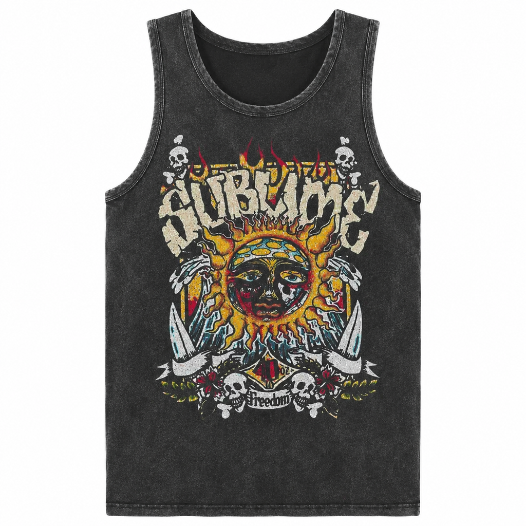 Vintage Acid Wash Sun Pattern Top - Heavy Cotton DTG Printed T-Shirt & Tank Top