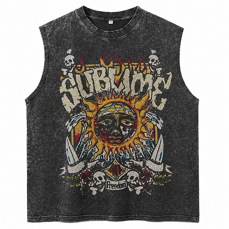 Vintage Acid Wash Sun Pattern Top - Heavy Cotton DTG Printed T-Shirt & Tank Top