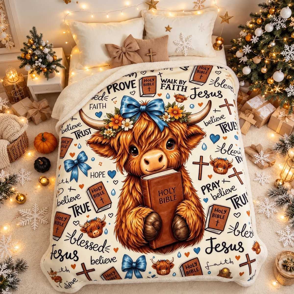 Cute Highland Cow Christian Fleece Throw Blanket