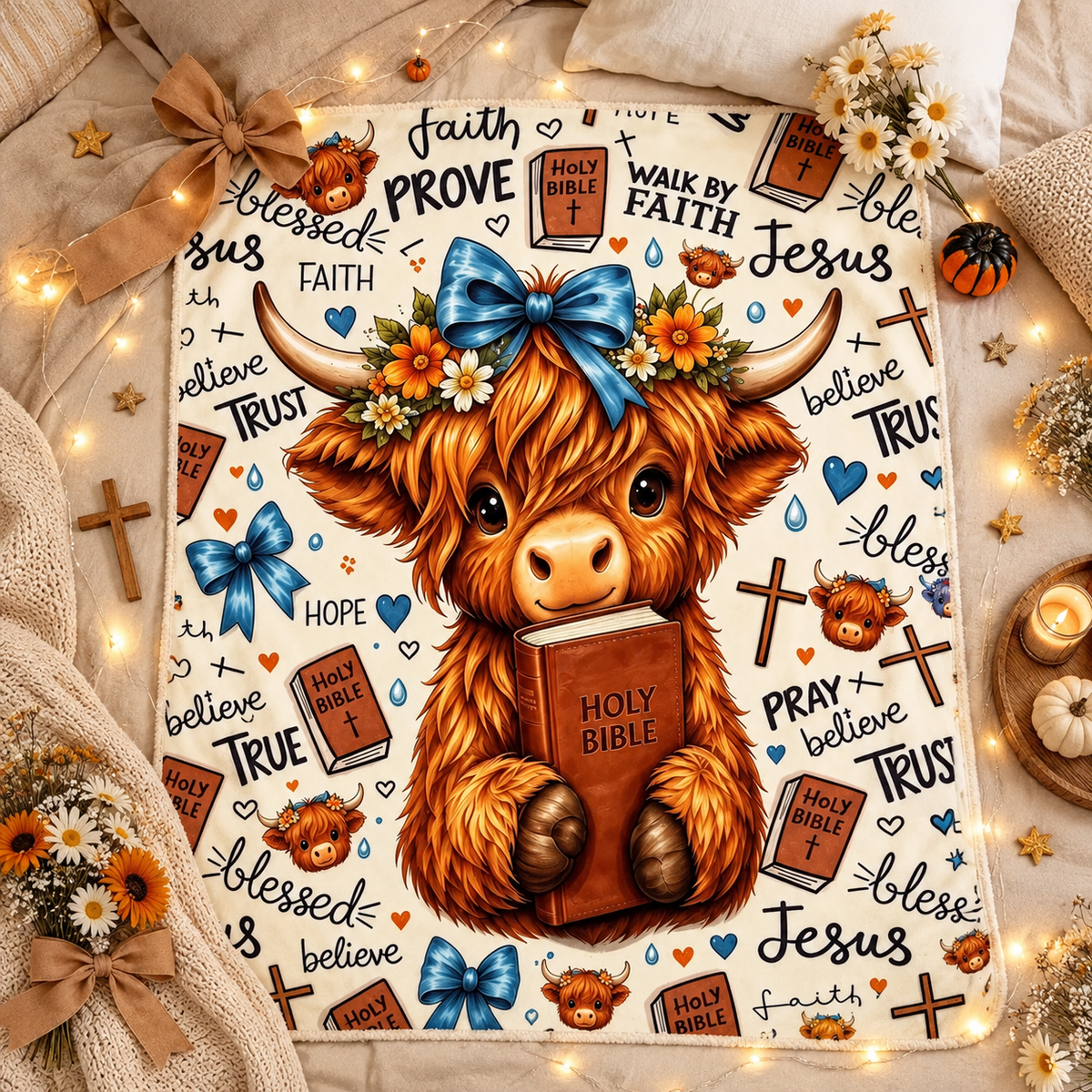 Cute Highland Cow Christian Fleece Throw Blanket