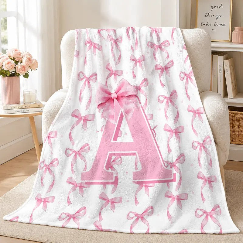 A-Z Personalized Initial Flannel Pink Bow Monogram Blanket