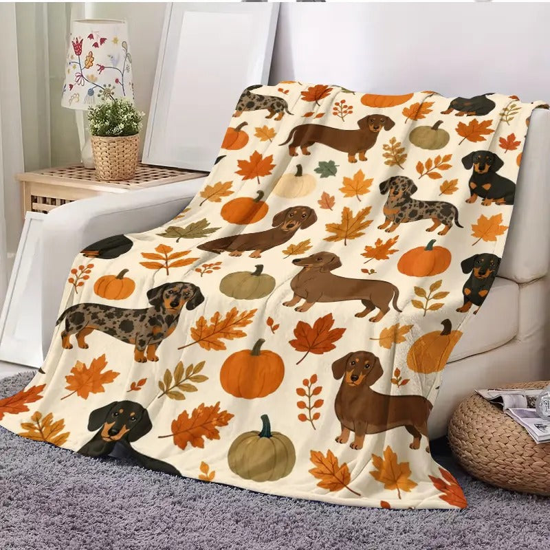 Dachshund Pumpkin Fall Leaves Flannel Blanket