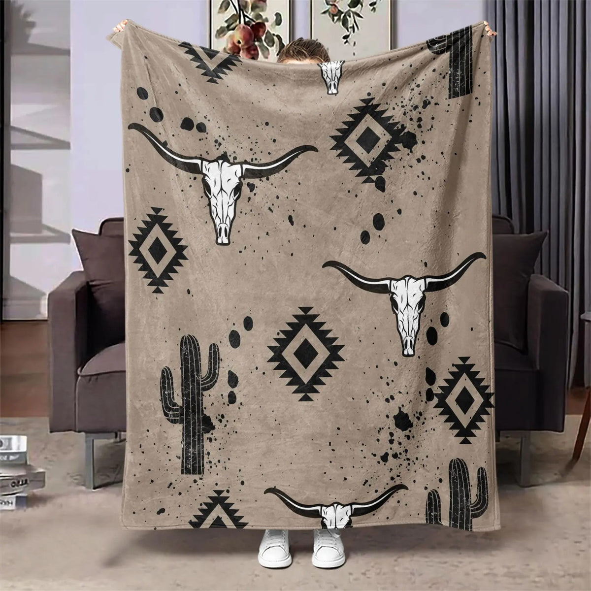 Western Desert Cactus Bull Head Pattern Blanket