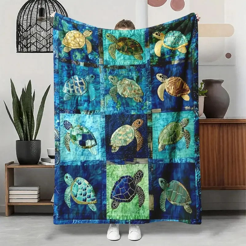 Ocean Sea Turtle Blanket Coastal Patchwork Soft Flannel Throw Blanket
