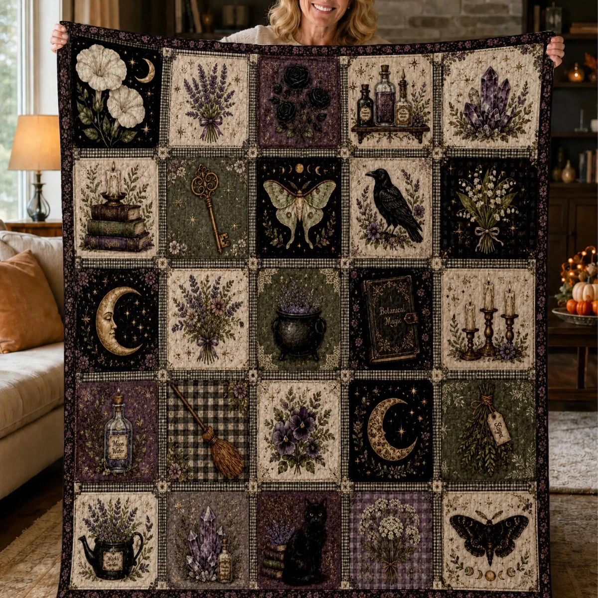 Gothic Witch Patchwork Blanket Lavender Botanical Raven Moon Graphic Throw Blanket